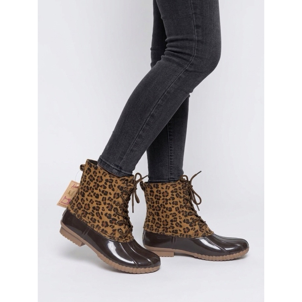 (b14/8) Avanti ZELDA-LEO Lace Up Rain Boots Mid Calf Duck Boots Leopard  Size8